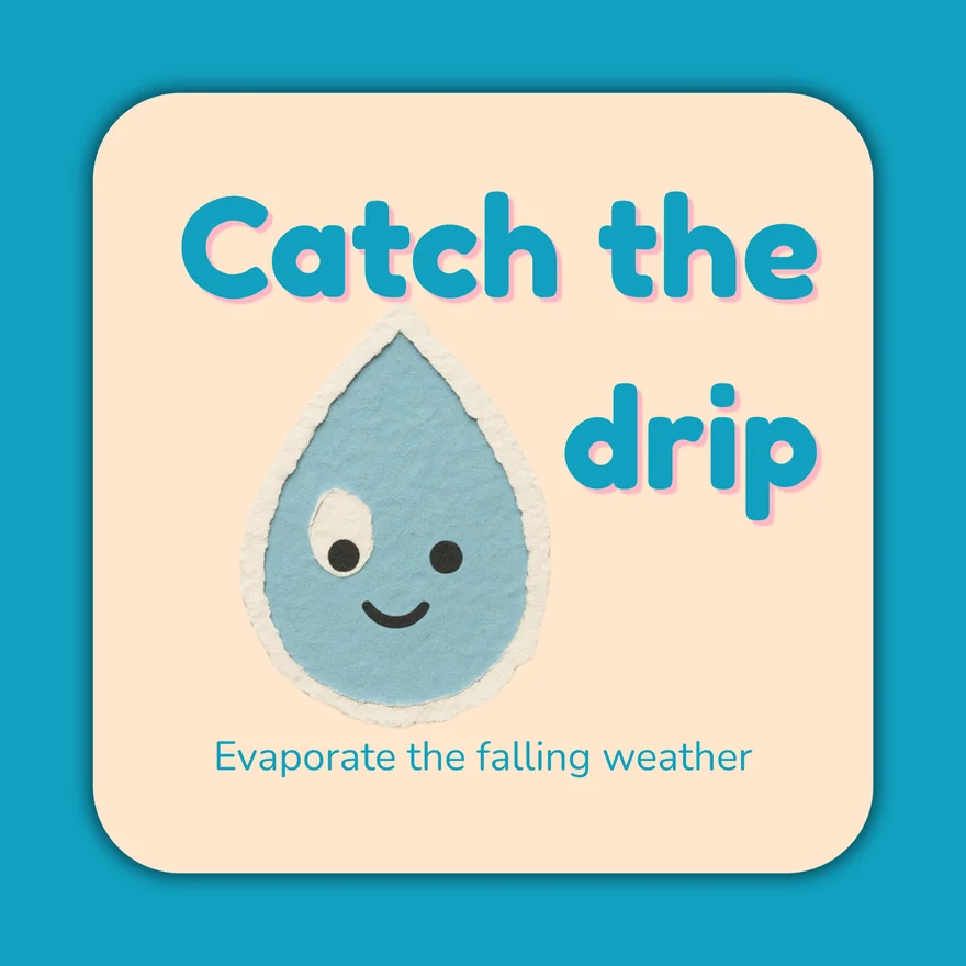 Beam Drip game card reading Catch the drip, showing a smiling blue raindrop character