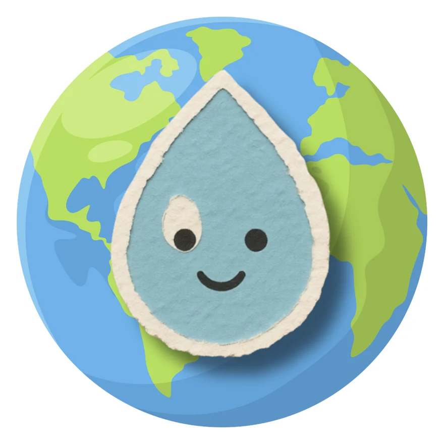 A smiling cartoon water drop in front of planet Earth, for the water cycle in Beam Drip