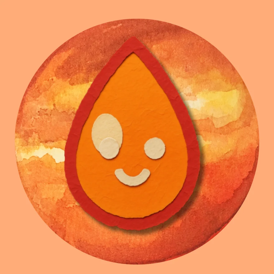 A smiling cartoon lava drop in front of the molten exoplanet K2-141b, for Beam Drip