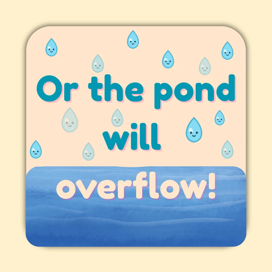 Beam Drip game card reading Or the pond will overflow, with cartoon raindrops falling into rising water