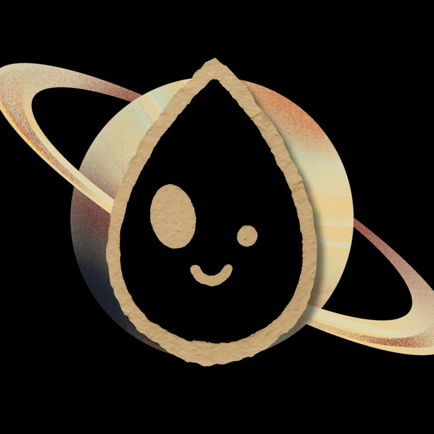 A smiling cartoon methane drop in front of Saturn's moon Titan and its rings, for Beam Drip
